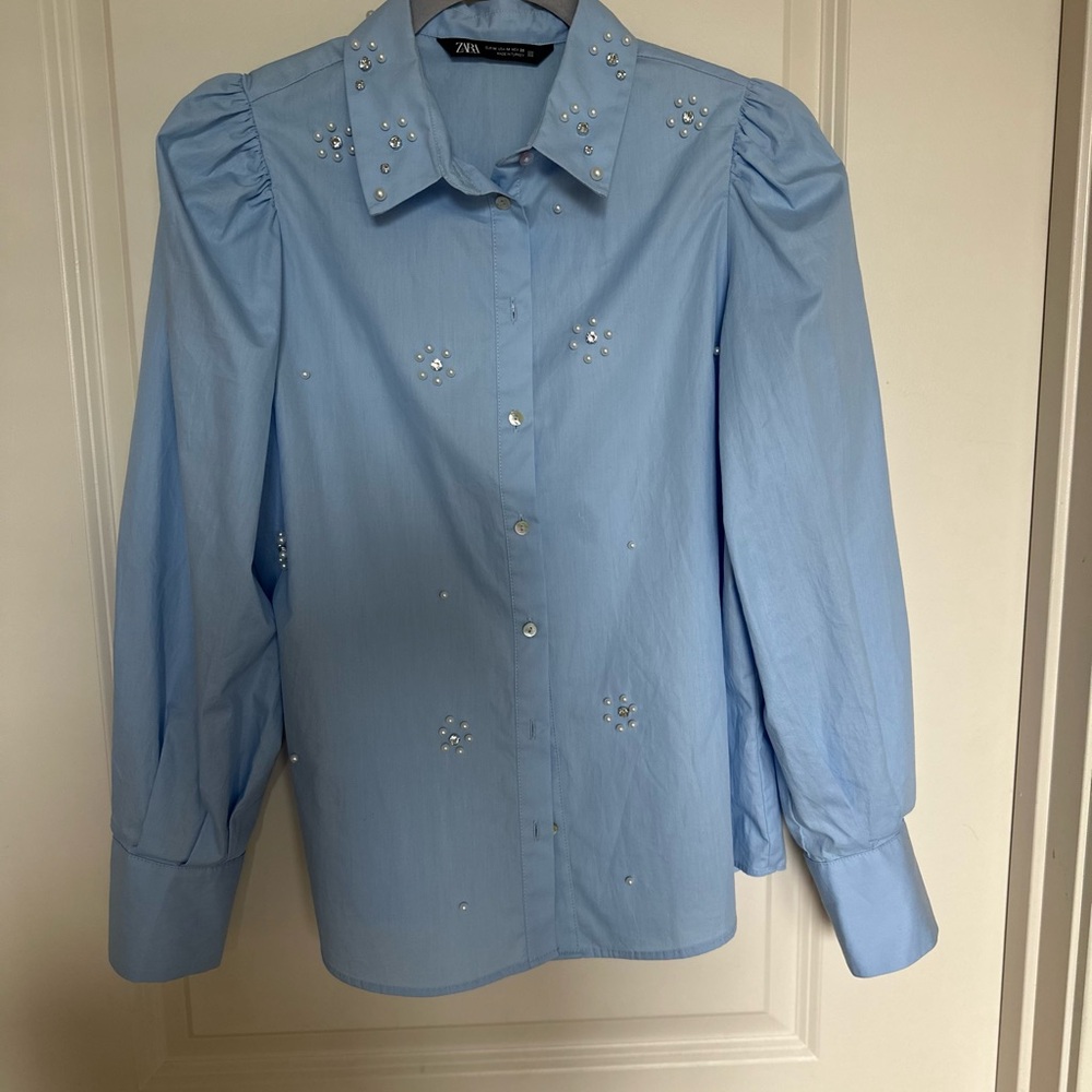 Zara Blue Puff Sleeve Button Down Shirt